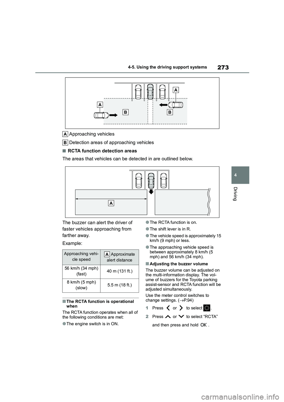 TOYOTA COROLLA 2022 (in English) Workshop Manual 273
4
4-5. Using the driving support systems
Driving
Approaching vehicles
Detection areas of approaching vehicles
■RCTA function detection areas
The areas that vehicles can be detected in are out TOYOTA COROLLA 2022 (in English) Workshop Manual 273
4
4-5. Using the driving support systems
Driving
Approaching vehicles
Detection areas of approaching vehicles
■RCTA function detection areas
The areas that vehicles can be detected in are out