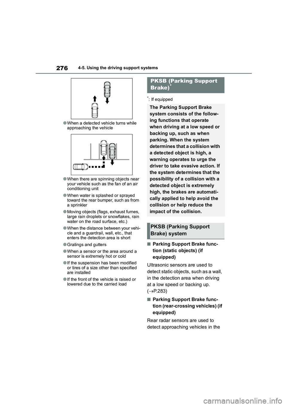 TOYOTA COROLLA 2022  Owners Manual (in English) 2764-5. Using the driving support systems
●When a detected vehicle turns while  
approaching the vehicle
●When there are spinning objects near 
your vehicle such as the fan of an air  conditioning