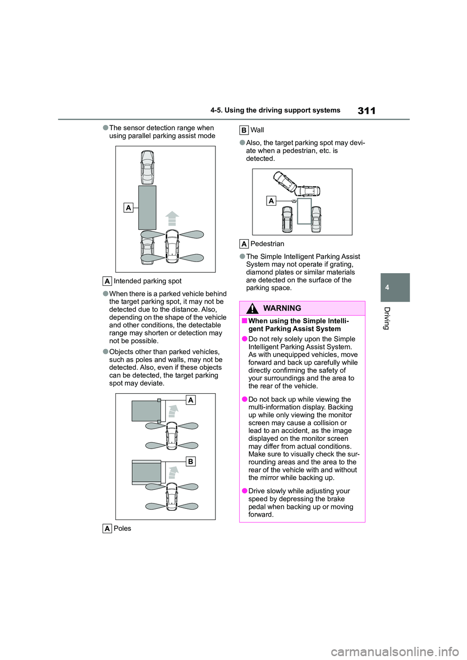 TOYOTA COROLLA 2022 (in English) Repair Manual 311
4
4-5. Using the driving support systems
Driving
●The sensor detection range when
using parallel parking assist mode
Intended parking spot
●When there is a parked vehicle behind
the targ TOYOTA COROLLA 2022 (in English) Repair Manual 311
4
4-5. Using the driving support systems
Driving
●The sensor detection range when
using parallel parking assist mode
Intended parking spot
●When there is a parked vehicle behind
the targ