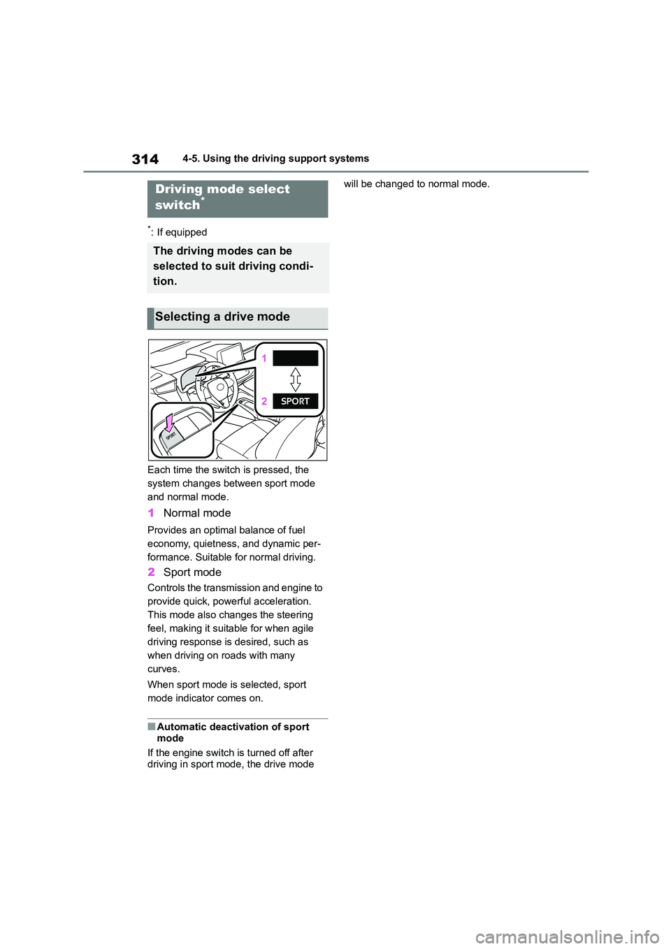 TOYOTA COROLLA 2022  Owners Manual (in English) 3144-5. Using the driving support systems
*: If equipped 
Each time the switch is pressed, the  
system changes betw een sport mode  
and normal mode.
1 Normal mode
Provides an optimal balance of fuel