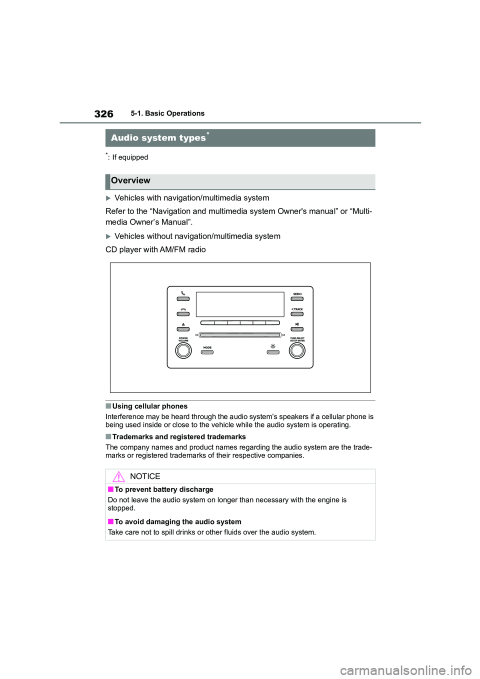 TOYOTA COROLLA 2022  Owners Manual (in English) 3265-1. Basic Operations
5-1.Basic Operations
*: If equipped
Vehicles with navigation/multimedia system 
Refer to the “Navigation and multim edia system Owners manual” or “Multi- 
media Owne