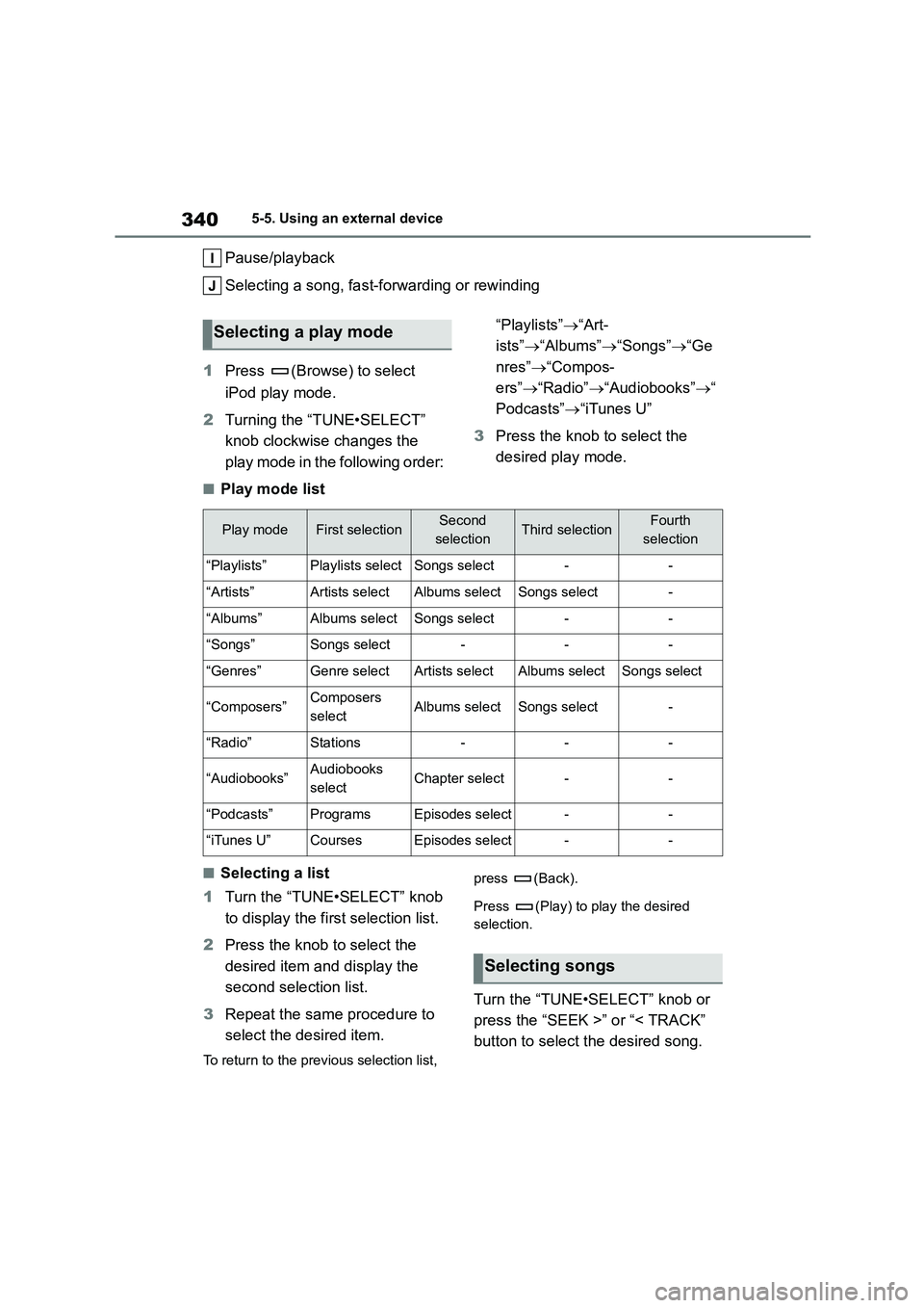 TOYOTA COROLLA 2022 Owners Manual (in English) 3405-5. Using an external device
Pause/playback
Selecting a song, fast-forwarding or rewinding
1 Press (Browse) to select
iPod play mode.
2 Turning the “TUNE•SELECT”
knob clockwise change TOYOTA COROLLA 2022 Owners Manual (in English) 3405-5. Using an external device
Pause/playback
Selecting a song, fast-forwarding or rewinding
1 Press (Browse) to select
iPod play mode.
2 Turning the “TUNE•SELECT”
knob clockwise change