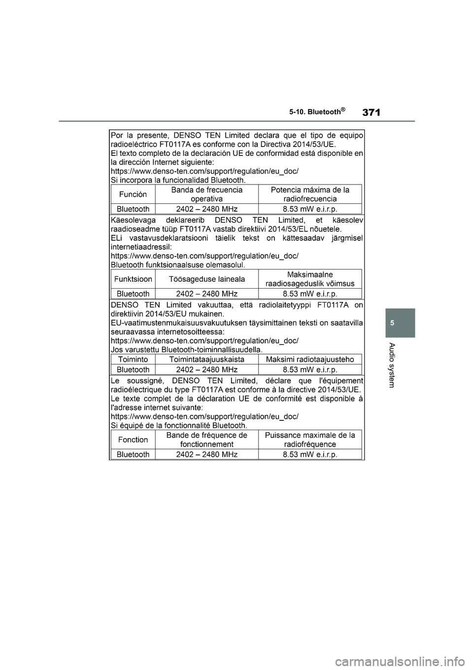 TOYOTA COROLLA 2022 Owners Manual (in English) 371
5
5-10. Bluetooth®
Audio system TOYOTA COROLLA 2022 Owners Manual (in English) 371
5
5-10. Bluetooth®
Audio system