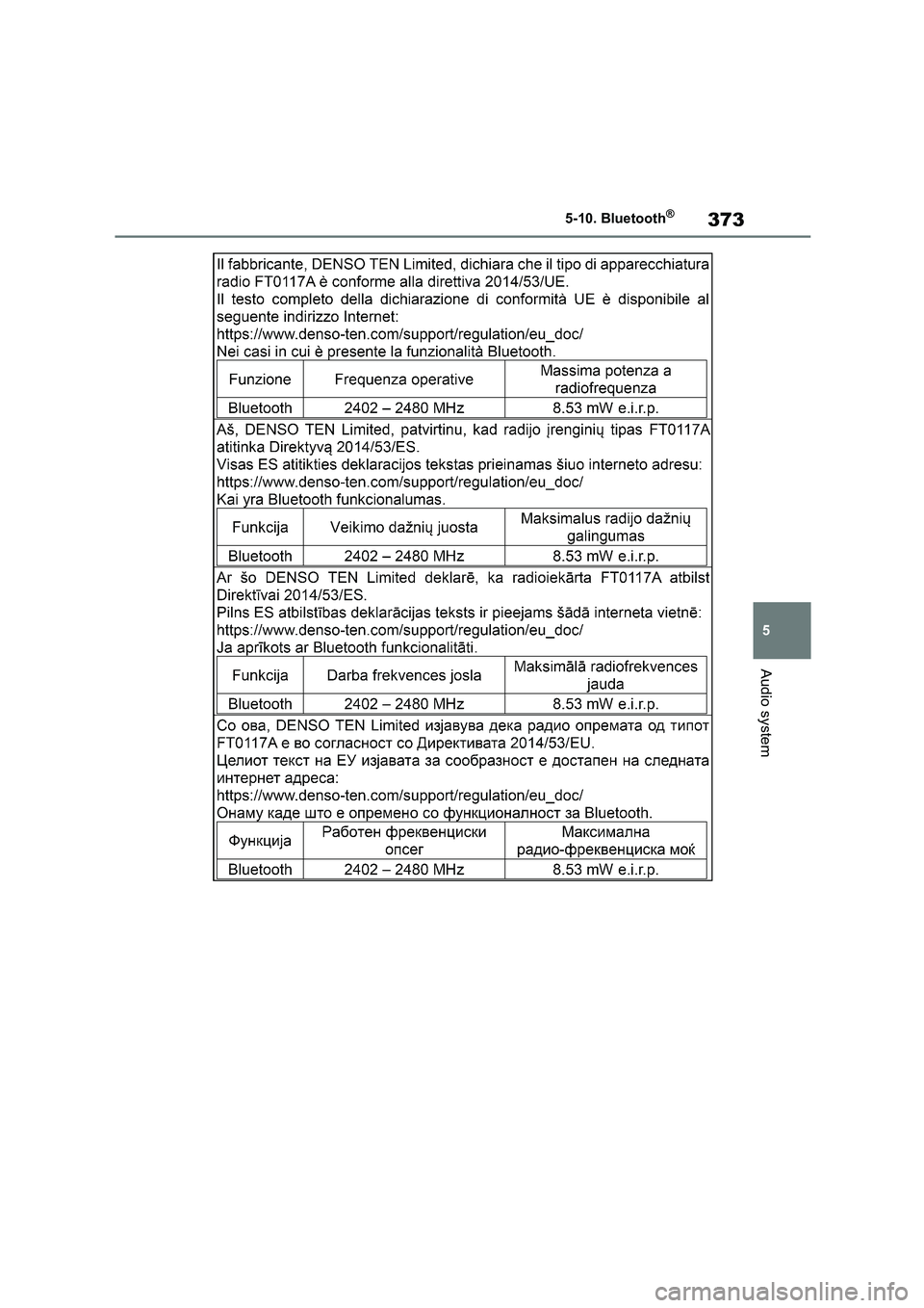TOYOTA COROLLA 2022 Owners Manual (in English) 373
5
5-10. Bluetooth®
Audio system TOYOTA COROLLA 2022 Owners Manual (in English) 373
5
5-10. Bluetooth®
Audio system