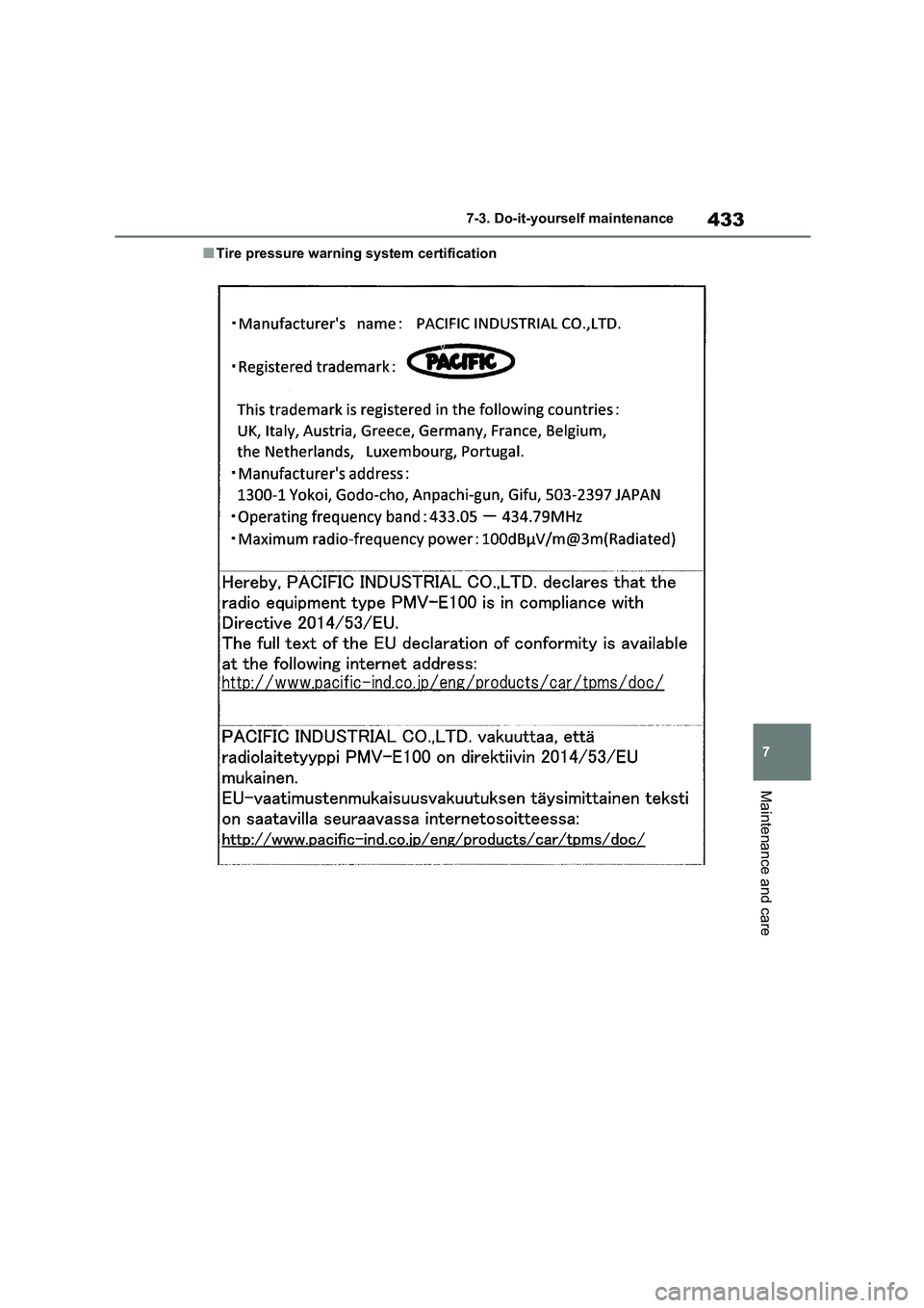 TOYOTA COROLLA 2022 Owners Manual (in English) 433
7
7-3. Do-it-yourself maintenance
Maintenance and care
■Tire pressure warning system certification TOYOTA COROLLA 2022 Owners Manual (in English) 433
7
7-3. Do-it-yourself maintenance
Maintenance and care
■Tire pressure warning system certification