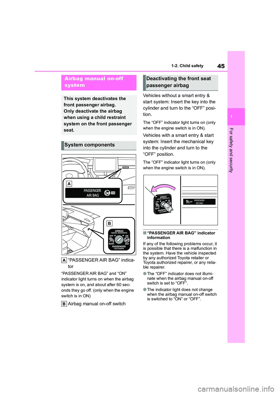 TOYOTA COROLLA 2022   (in English) User Guide 45
1 
1-2. Child safety
For safety and security
1-2.Child safety
“PASSENGER AIR  BAG”  indica- 
tor
“PASSENGER AIR BAG” and “ON”  
indicator light turns on when the airbag 
system is on, a