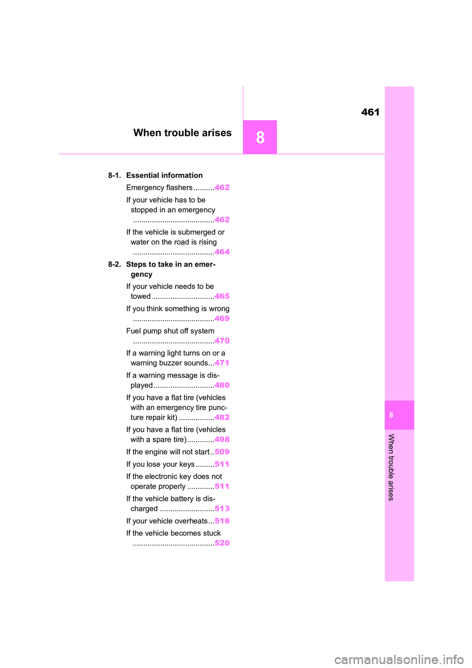 TOYOTA COROLLA 2022  Owners Manual (in English) 8
461
When trouble arises
8
When trouble arises
.8-1. Essential information 
Emergency flashers .......... 462 
If your vehicle has to be  
stopped in an emergency
....................................