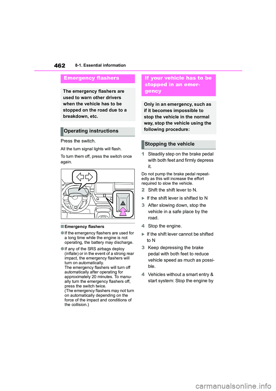 TOYOTA COROLLA 2022  Owners Manual (in English) 4628-1. Essential information
8-1.Essential information
Press the switch.
All the turn signal lights will flash. 
To turn them off, press the switch once  
again.
■Emergency flashers
●If the emerg