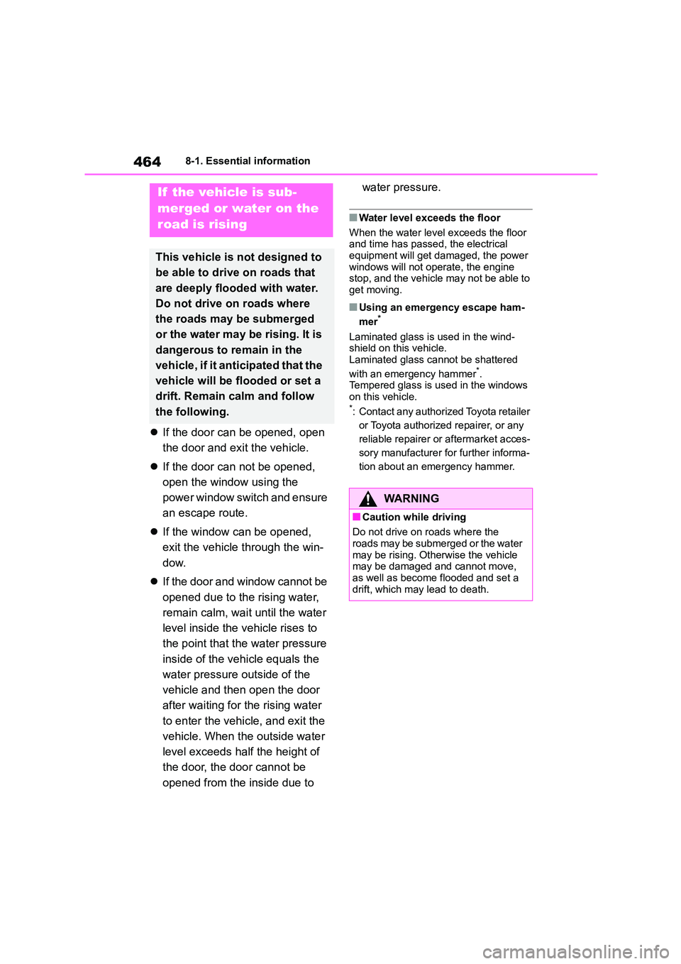 TOYOTA COROLLA 2022  Owners Manual (in English) 4648-1. Essential information
If the door can be opened, open  
the door and exit the vehicle. 
 If the door can not be opened,  
open the window using the 
power window switch and ensure 
an es