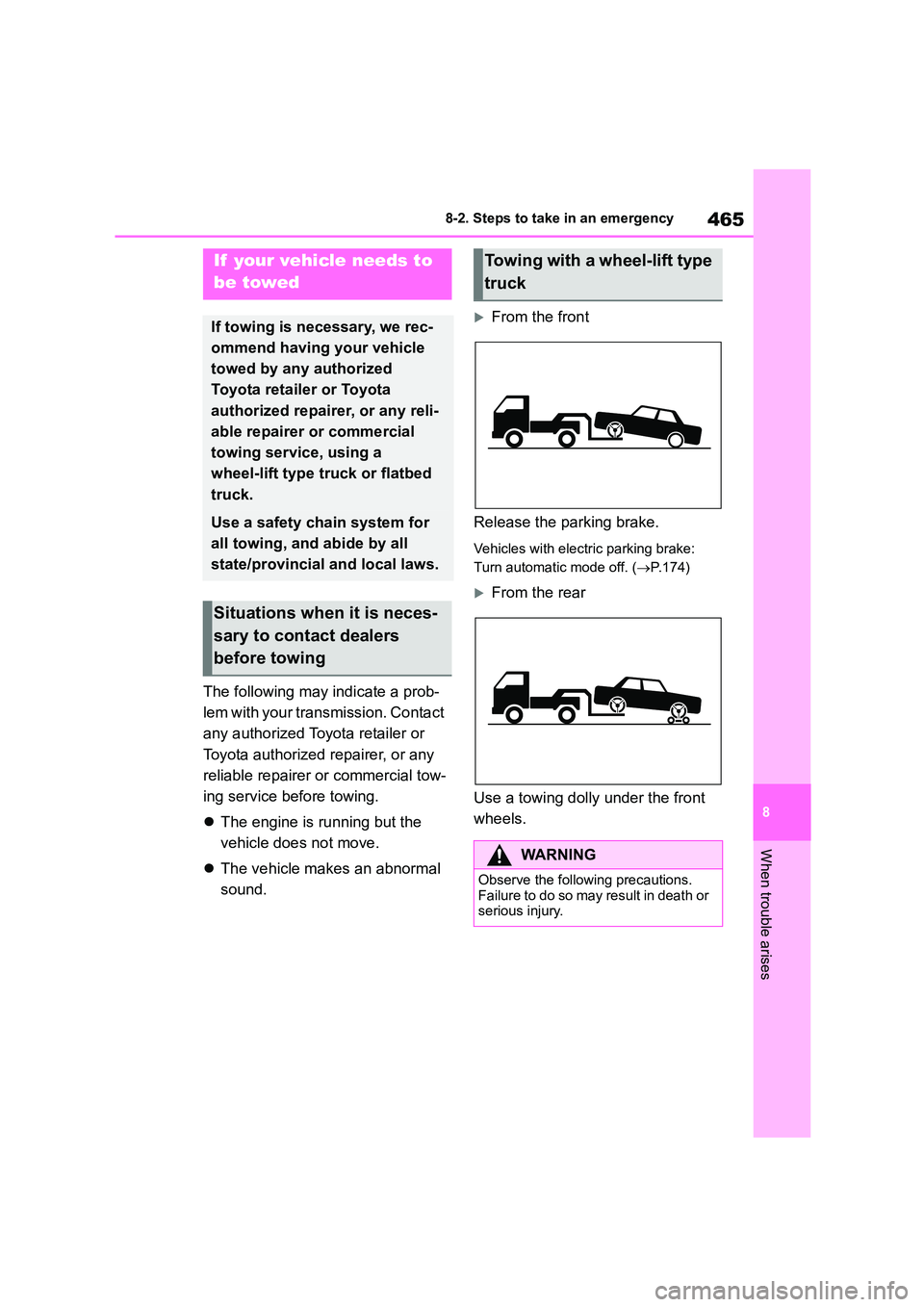 TOYOTA COROLLA 2022  Owners Manual (in English) 465
8 
8-2. Steps to take in an emergency
When trouble arises
8-2.Steps to take in an emergency
The following may indicate a prob- 
lem with your transmission. Contact 
any authorized Toyota retailer 