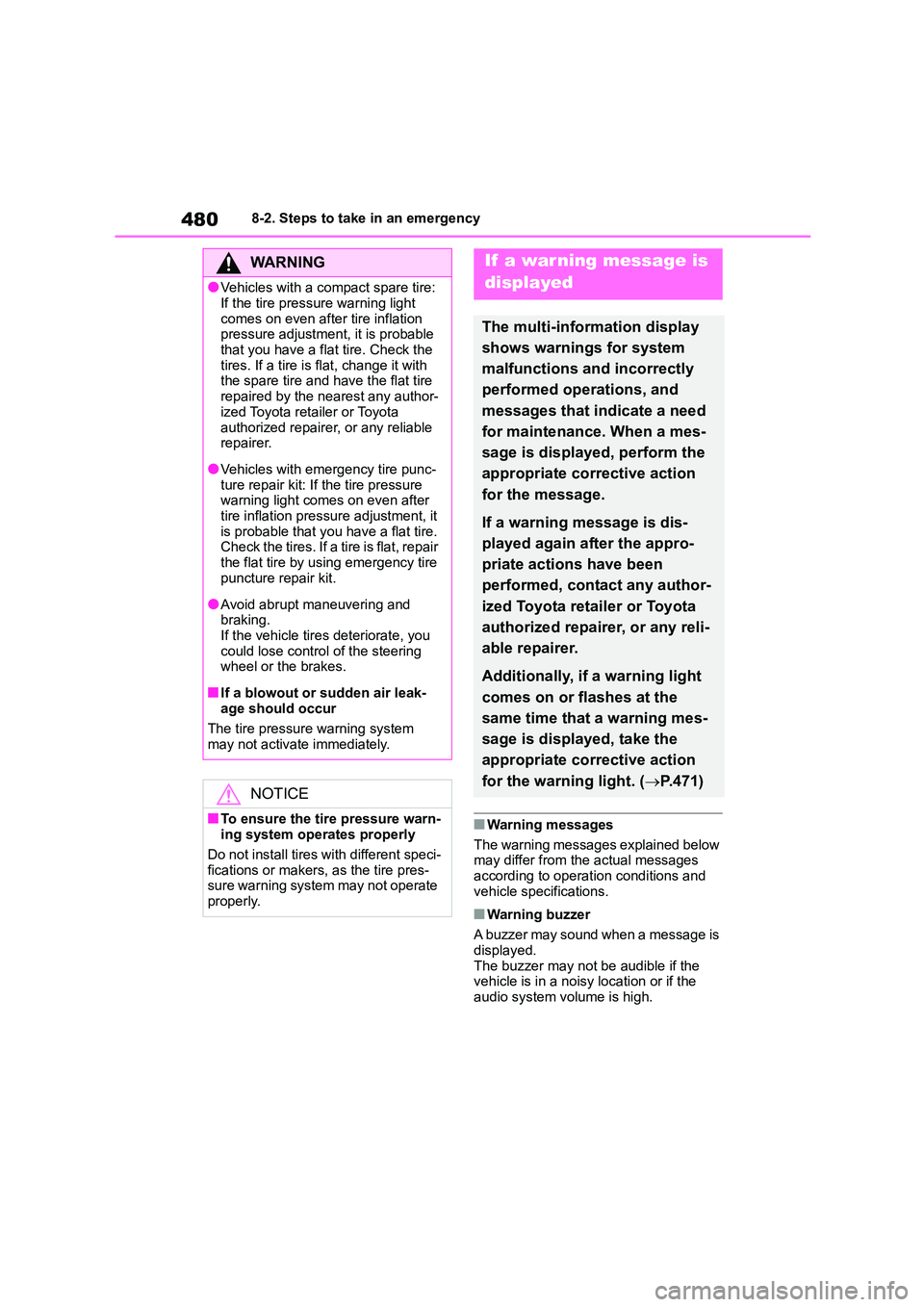 TOYOTA COROLLA 2022  Owners Manual (in English) 4808-2. Steps to take in an emergency
■Warning messages 
The warning messages explained below  
may differ from the actual messages 
according to operation conditions and  vehicle specifications.
