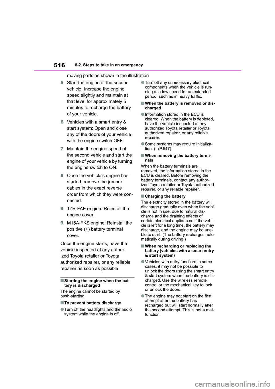 TOYOTA COROLLA 2022  Owners Manual (in English) 5168-2. Steps to take in an emergency
moving parts as shown in the illustration 
5 Start the engine of the second  
vehicle. Increase the engine 
speed slightly and maintain at 
that level for approxi
