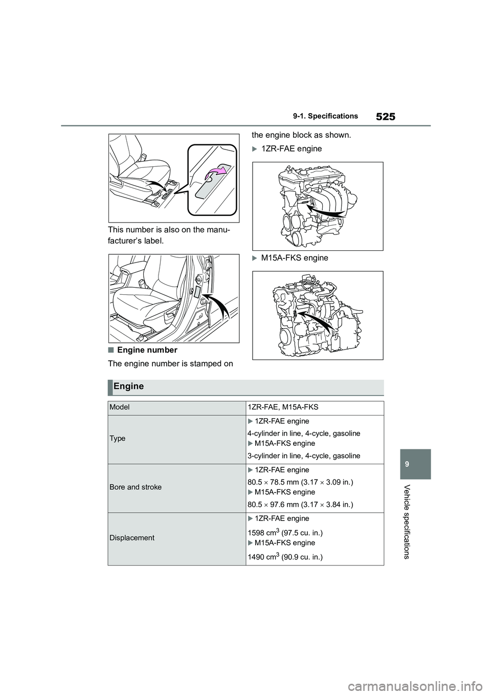 TOYOTA COROLLA 2022  Owners Manual (in English) 525
9 
9-1. Specifications
Vehicle specifications
This number is also on the manu- 
facturer’s label.
■Engine number 
The engine number is stamped on  
the engine block as shown.
1ZR-FAE engine