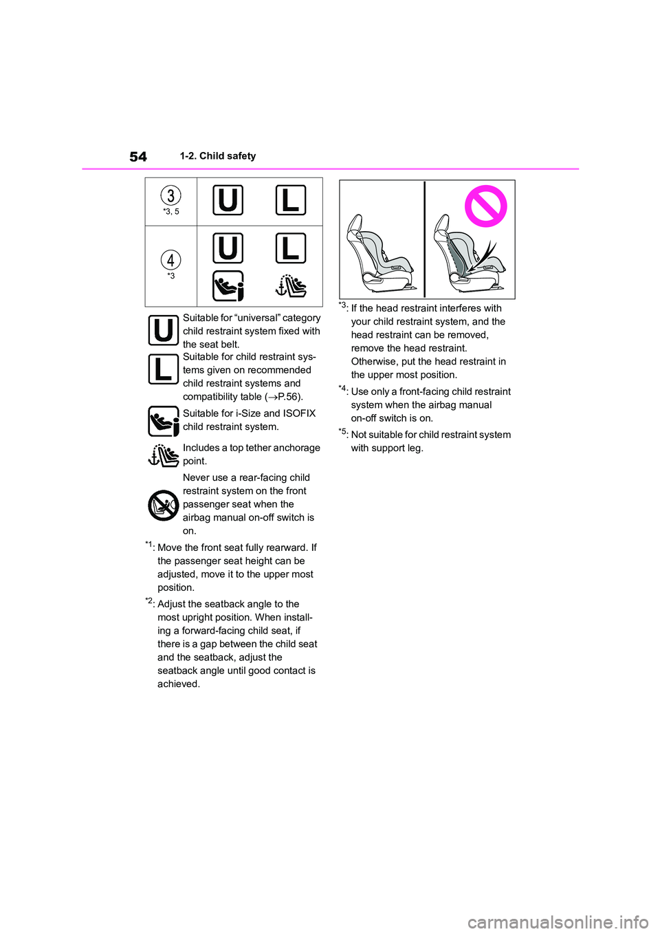 TOYOTA COROLLA 2022  Owners Manual (in English) 541-2. Child safety
*1: Move the front seat fully rearward. If  
the passenger seat height can be 
adjusted, move it to the upper most 
position.
*2: Adjust the seatback angle to the 
most upright pos