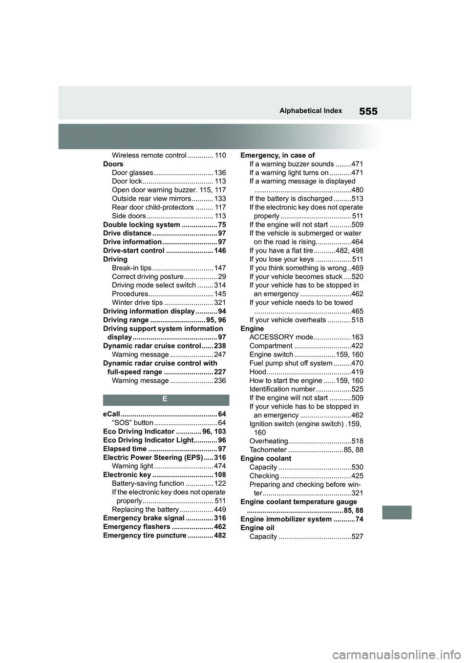 TOYOTA COROLLA 2022  Owners Manual (in English) 555Alphabetical Index
Wireless remote control ............. 110 
Doors 
Door glasses .............................. 136 
Door lock .................................... 113
Open door warning buzzer. 11