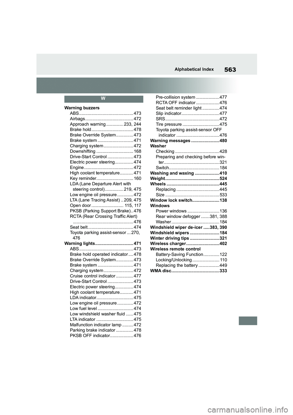 TOYOTA COROLLA 2022  Owners Manual (in English) 563Alphabetical Index
W
Warning buzzers 
ABS ............................................ 473 
Airbags ....................................... 472 
Approach warning .............. 233, 244
Brake hold 