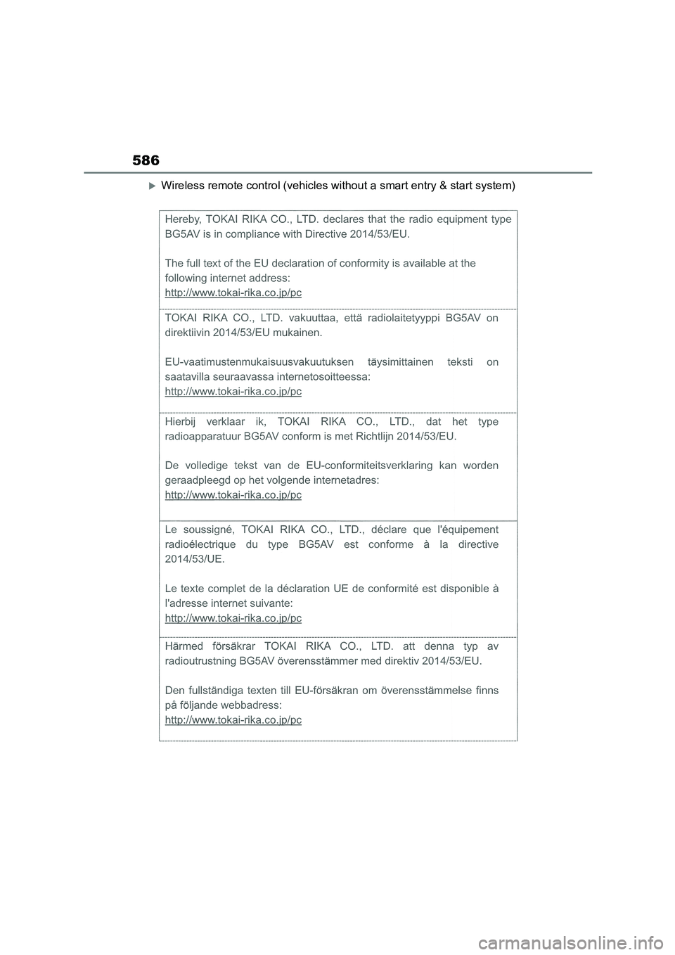 TOYOTA COROLLA 2022 Owners Manual (in English) 586
Wireless remote control (vehicles without a smart entry & start system) TOYOTA COROLLA 2022 Owners Manual (in English) 586
Wireless remote control (vehicles without a smart entry & start system)