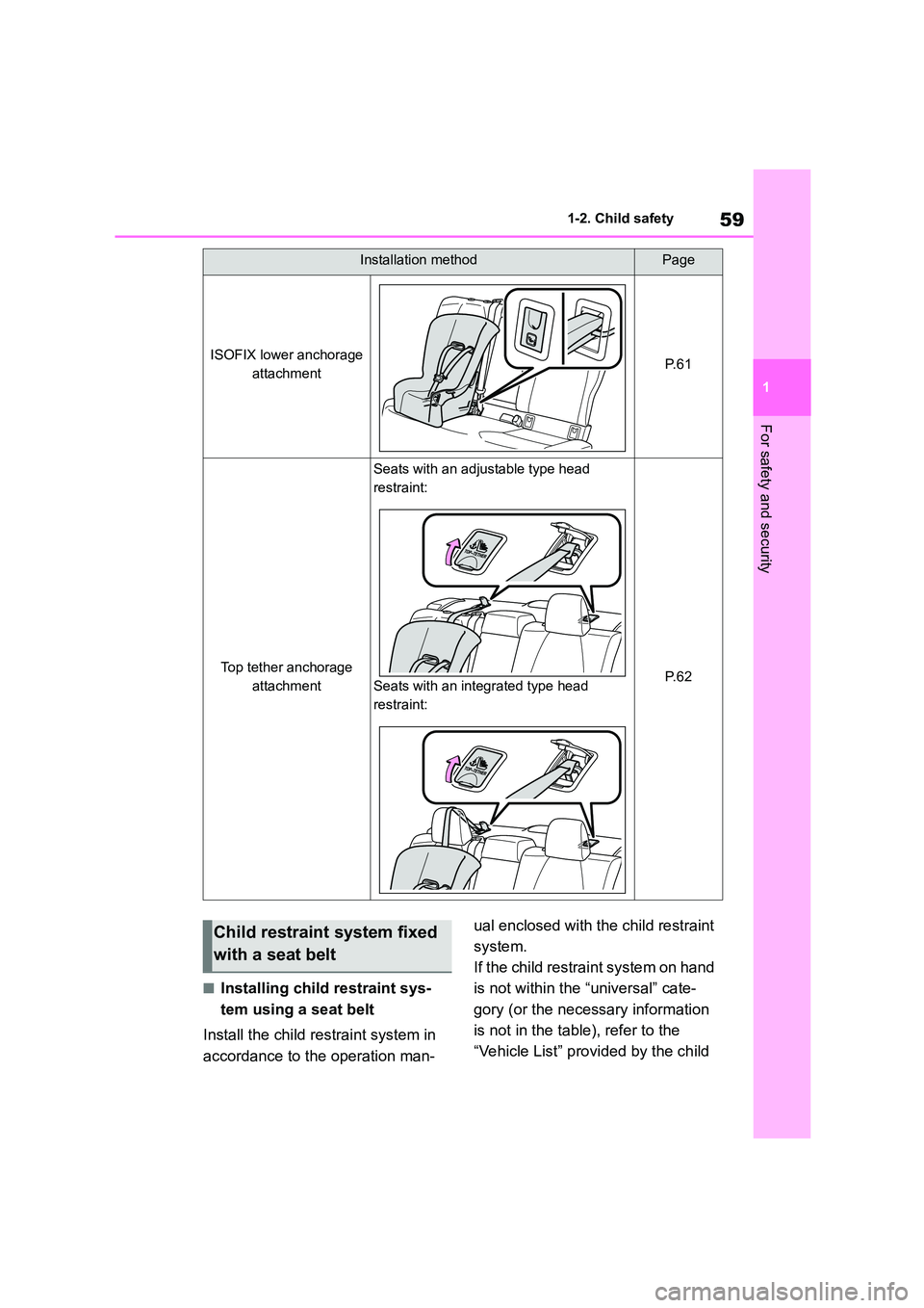 TOYOTA COROLLA 2022 (in English) Repair Manual 59
1
1-2. Child safety
For safety and security
■Installing child restraint sys-
tem using a seat belt
Install the child re straint system in
accordance to the operation man-
ual enclosed with TOYOTA COROLLA 2022 (in English) Repair Manual 59
1
1-2. Child safety
For safety and security
■Installing child restraint sys-
tem using a seat belt
Install the child re straint system in
accordance to the operation man-
ual enclosed with