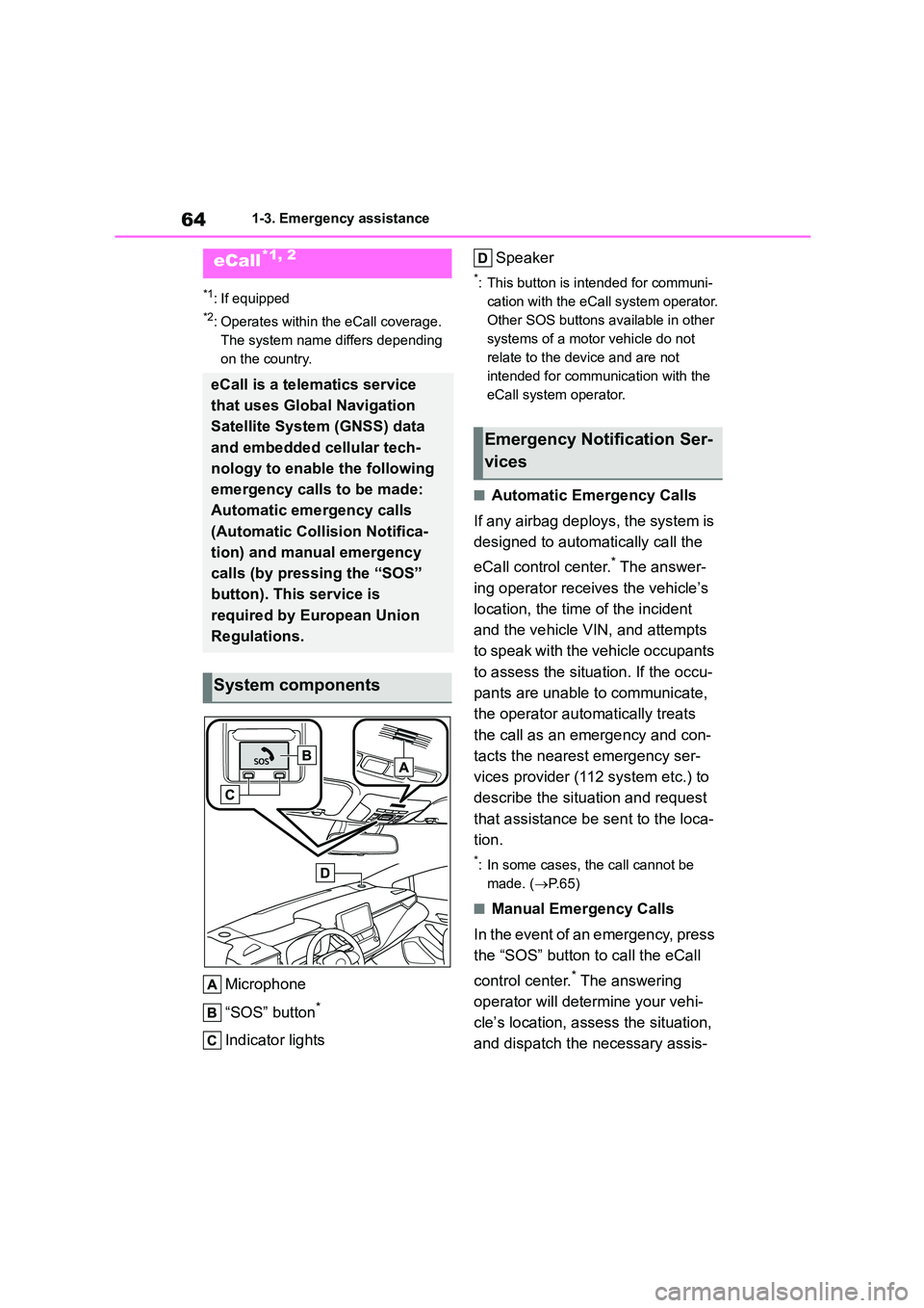 TOYOTA COROLLA 2022 Owners Manual (in English) 641-3. Emergency assistance
1-3.Emergency assistance
*1: If equipped
*2: Operates within the eCall coverage.
The system name differs depending
on the country.
Microphone
“SOS” button*
Indicato TOYOTA COROLLA 2022 Owners Manual (in English) 641-3. Emergency assistance
1-3.Emergency assistance
*1: If equipped
*2: Operates within the eCall coverage.
The system name differs depending
on the country.
Microphone
“SOS” button*
Indicato