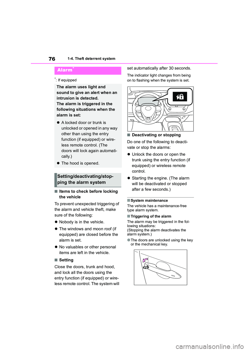 TOYOTA COROLLA 2022 Owners Manual (in English) 761-4. Theft deterrent system
*: If equipped
■Items to check before locking
the vehicle
To prevent unexpected triggering of
the alarm and vehicle theft, make
sure of the following:
Nobody TOYOTA COROLLA 2022 Owners Manual (in English) 761-4. Theft deterrent system
*: If equipped
■Items to check before locking
the vehicle
To prevent unexpected triggering of
the alarm and vehicle theft, make
sure of the following:
Nobody