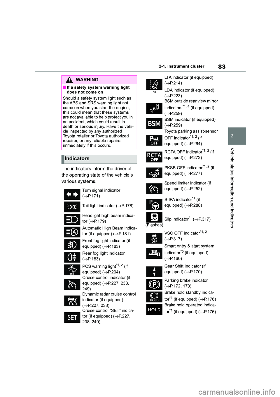 TOYOTA COROLLA 2022 Owners Manual (in English) 83
2
2-1. Instrument cluster
Vehicle status information and indicators
The indicators inform the driver of
the operating state of the vehicle’s
various systems.
WA R N I N G
■If a safety syste TOYOTA COROLLA 2022 Owners Manual (in English) 83
2
2-1. Instrument cluster
Vehicle status information and indicators
The indicators inform the driver of
the operating state of the vehicle’s
various systems.
WA R N I N G
■If a safety syste