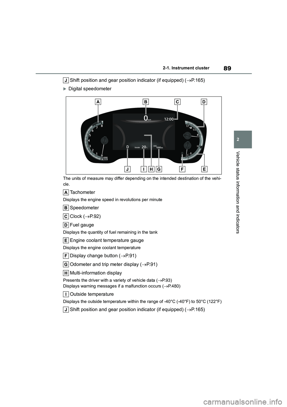 TOYOTA COROLLA 2022   (in English) Owners Manual 89
2 
2-1. Instrument cluster
Vehicle status information and indicators
Shift position and gear position indicator (if equipped) ( P.165)
Digital speedometer
The units of measure may differ depe