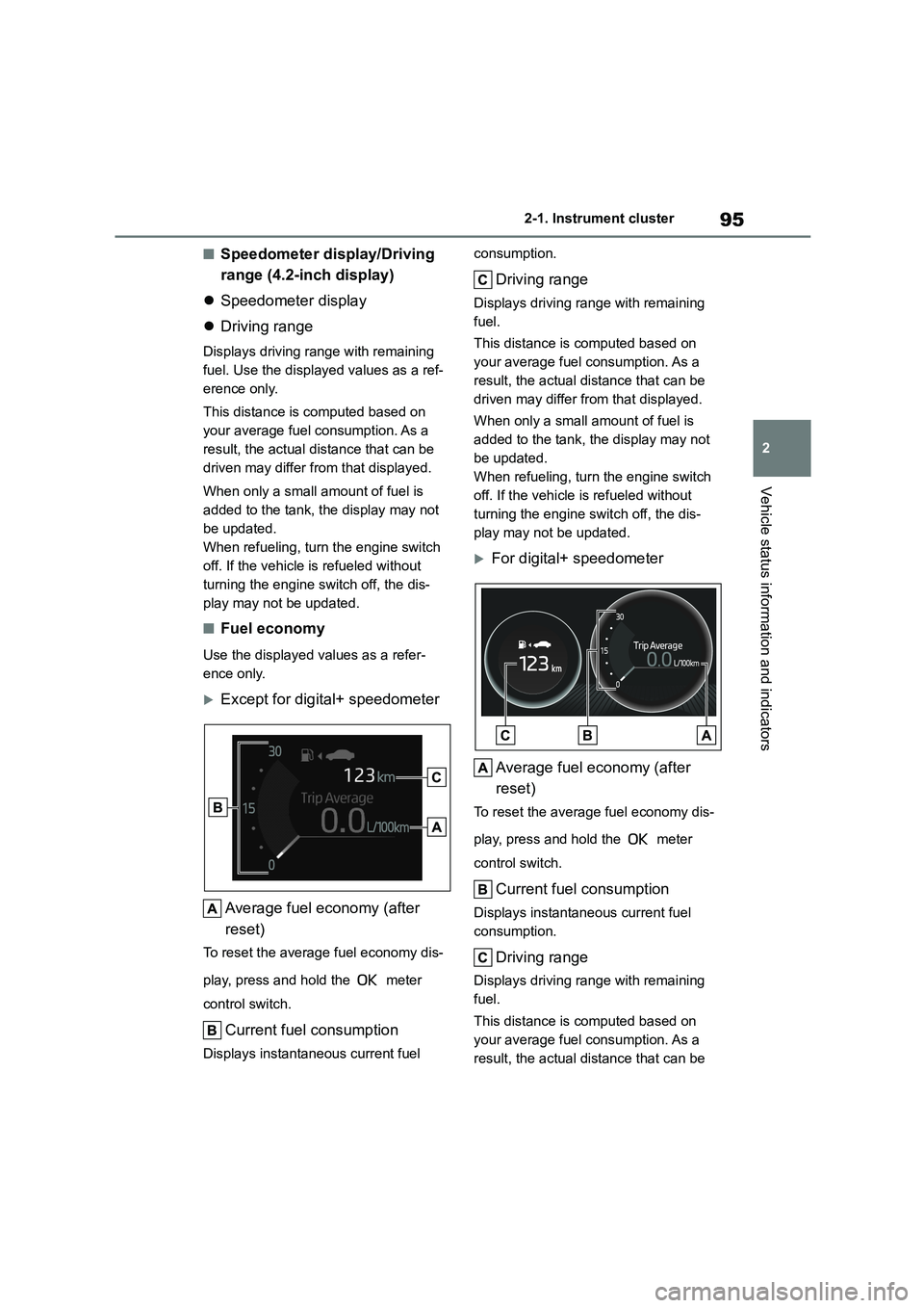 TOYOTA COROLLA 2022   (in English) Owners Manual 95
2 
2-1. Instrument cluster
Vehicle status information and indicators
■Speedometer display/Driving  
range (4.2-inch display) 
 Speedometer display 
 Driving range
Displays driving range wit