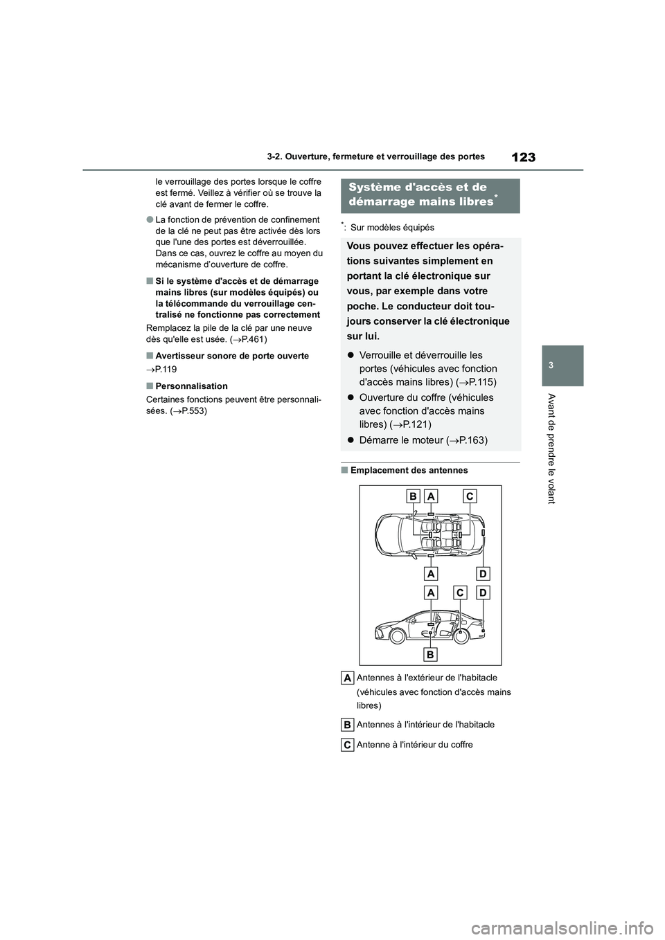 TOYOTA COROLLA 2022  Notices Demploi (in French) 123
3 
3-2. Ouverture, fermeture  et verrouillage des portes
Avant de prendre le volant
le verrouillage des portes lorsque le coffre  est fermé. Veillez à vérifier où se trouve la  
clé avant de 