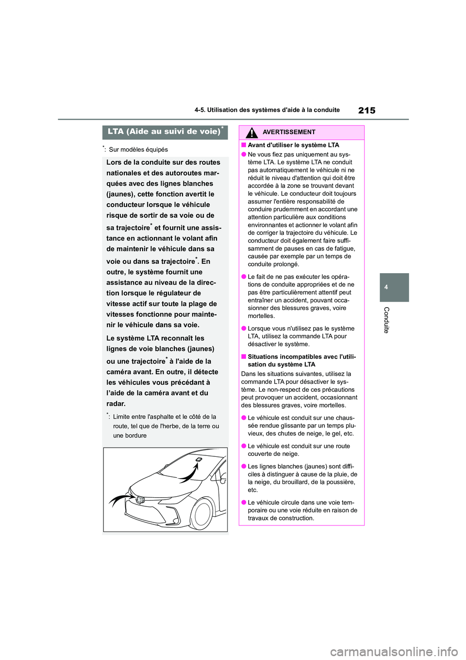 TOYOTA COROLLA 2022  Notices Demploi (in French) 215
4 
4-5. Utilisation des systèmes daide à la conduite
Conduite
*: Sur modèles équipés
LTA (Aide au suivi de voie)*
Lors de la conduite sur des routes  
nationales et des autoroutes mar-
quée