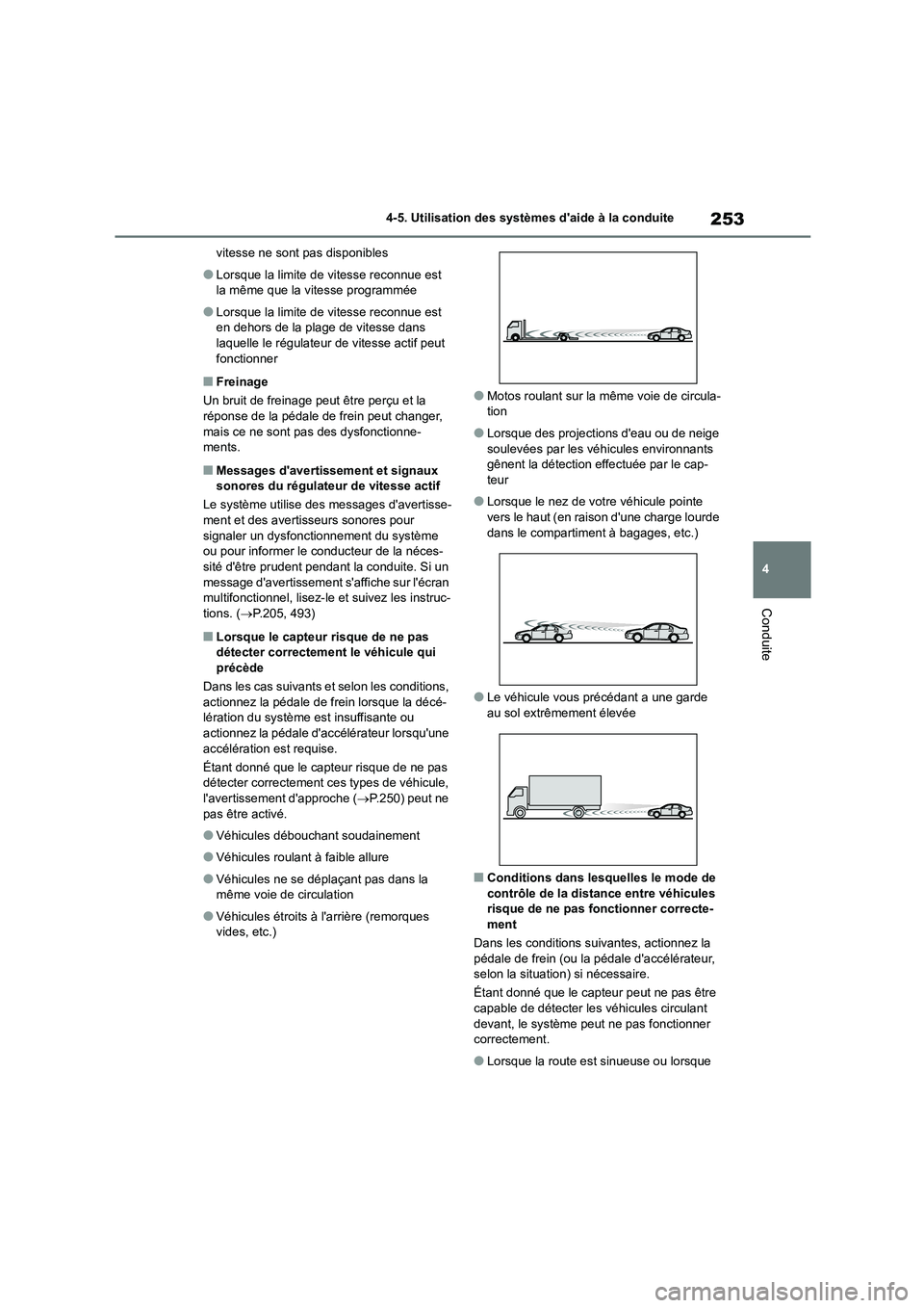 TOYOTA COROLLA 2022  Notices Demploi (in French) 253
4 
4-5. Utilisation des systèmes daide à la conduite
Conduite
vitesse ne sont pas disponibles
●Lorsque la limite de vitesse reconnue est  
la même que la vitesse programmée
●Lorsque la li