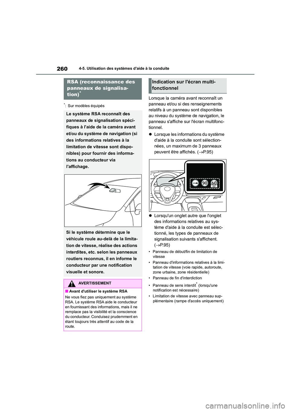 TOYOTA COROLLA 2022  Notices Demploi (in French) 2604-5. Utilisation des systèmes daide à la conduite
*: Sur modèles équipés
Lorsque la caméra avant reconnaît un  
panneau et/ou si des renseignements 
relatifs à un panneau sont disponibles 
