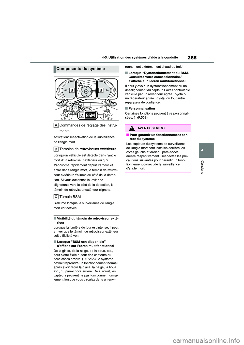 TOYOTA COROLLA 2022  Notices Demploi (in French) 265
4 
4-5. Utilisation des systèmes daide à la conduite
Conduite
Commandes de réglage des instru- 
ments
Activation/Désactivation de la surveillance  
de langle mort.
Témoins de rétroviseurs 