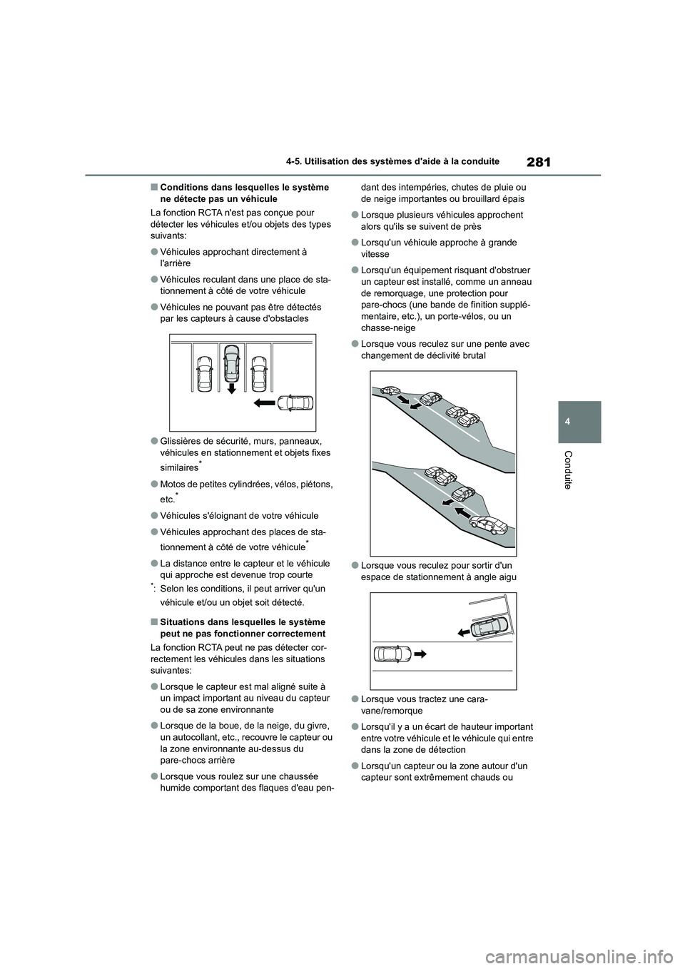 TOYOTA COROLLA 2022  Notices Demploi (in French) 281
4 
4-5. Utilisation des systèmes daide à la conduite
Conduite
■Conditions dans lesquelles le système  ne détecte pas un véhicule 
La fonction RCTA nest pas conçue pour  
détecter les v