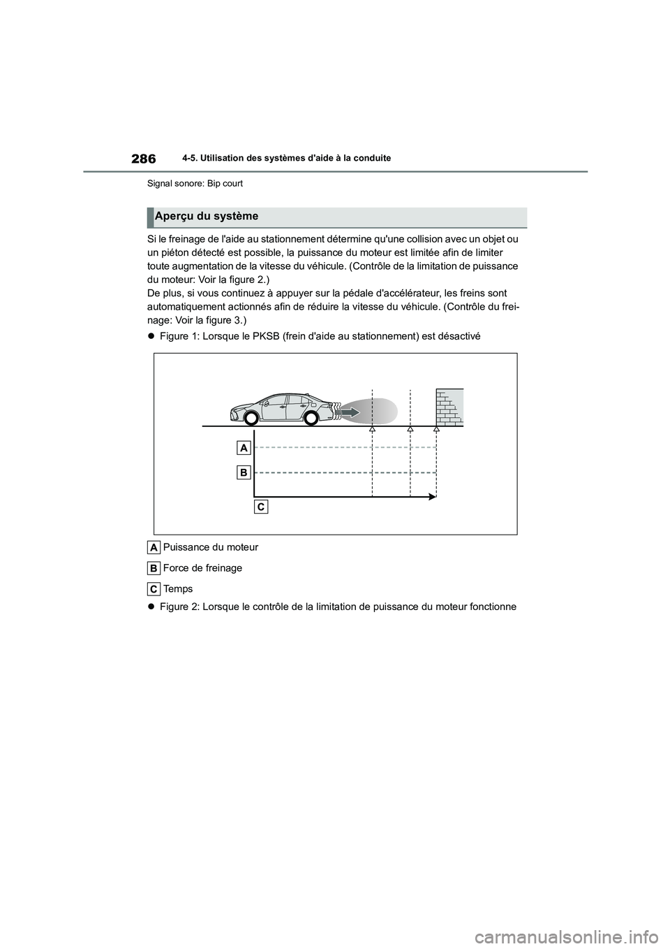 TOYOTA COROLLA 2022  Notices Demploi (in French) 2864-5. Utilisation des systèmes daide à la conduite 
Signal sonore: Bip court
Si le freinage de laide au stationnement détermine quune collision avec un objet ou  
un piéton détecté est poss