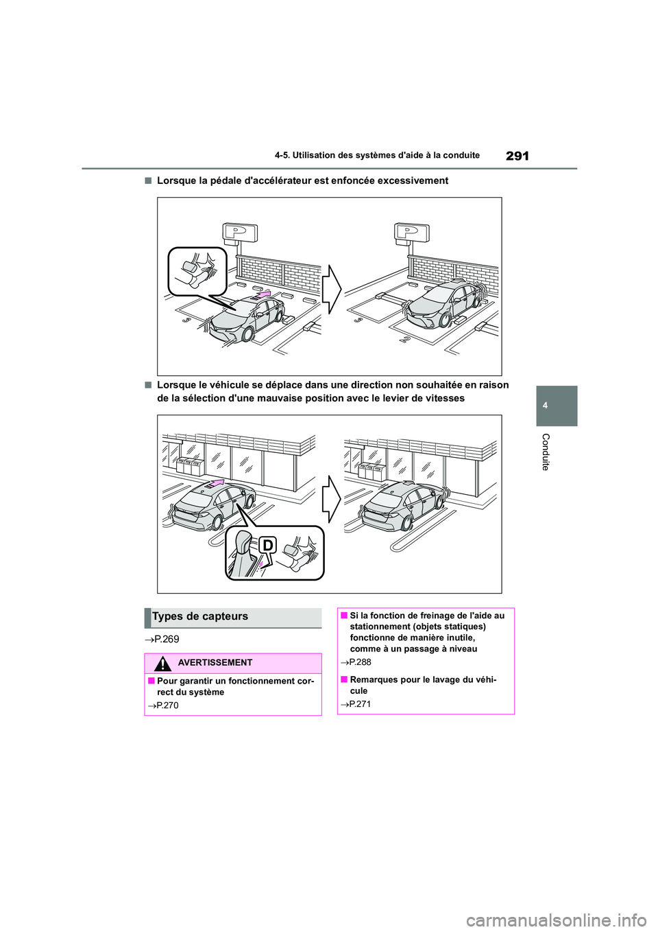 TOYOTA COROLLA 2022  Notices Demploi (in French) 291
4 
4-5. Utilisation des systèmes daide à la conduite
Conduite
■Lorsque la pédale daccélérateur est enfoncée excessivement
■Lorsque le véhicule se déplace dans une direction non souha