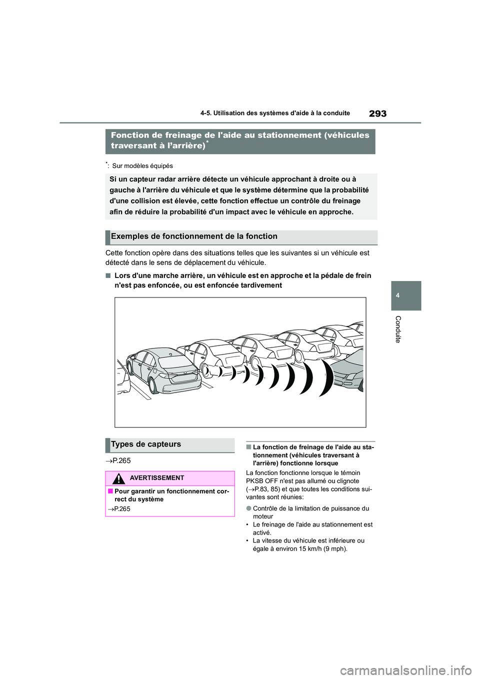 TOYOTA COROLLA 2022  Notices Demploi (in French) 293
4 
4-5. Utilisation des systèmes daide à la conduite
Conduite
*: Sur modèles équipés
Cette fonction opère dans des situations telles que les suivantes si un véhicule est  
détecté dans l
