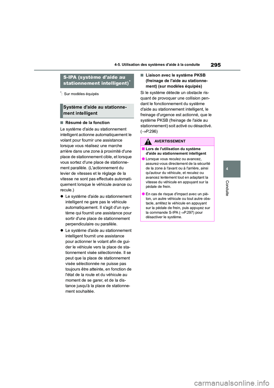 TOYOTA COROLLA 2022  Notices Demploi (in French) 295
4 
4-5. Utilisation des systèmes daide à la conduite
Conduite
*: Sur modèles équipés
■Résumé de la fonction 
Le système daide au stationnement  
intelligent actionne automatiquement le