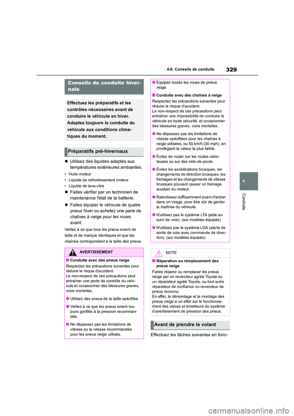 TOYOTA COROLLA 2022  Notices Demploi (in French) 329
4 
4-6. Conseils de conduite
Conduite
4-6.Conseils de conduite
 Utilisez des liquides adaptés aux  
températures extérieures ambiantes.
• Huile moteur 
• Liquide de refroidissement moteu