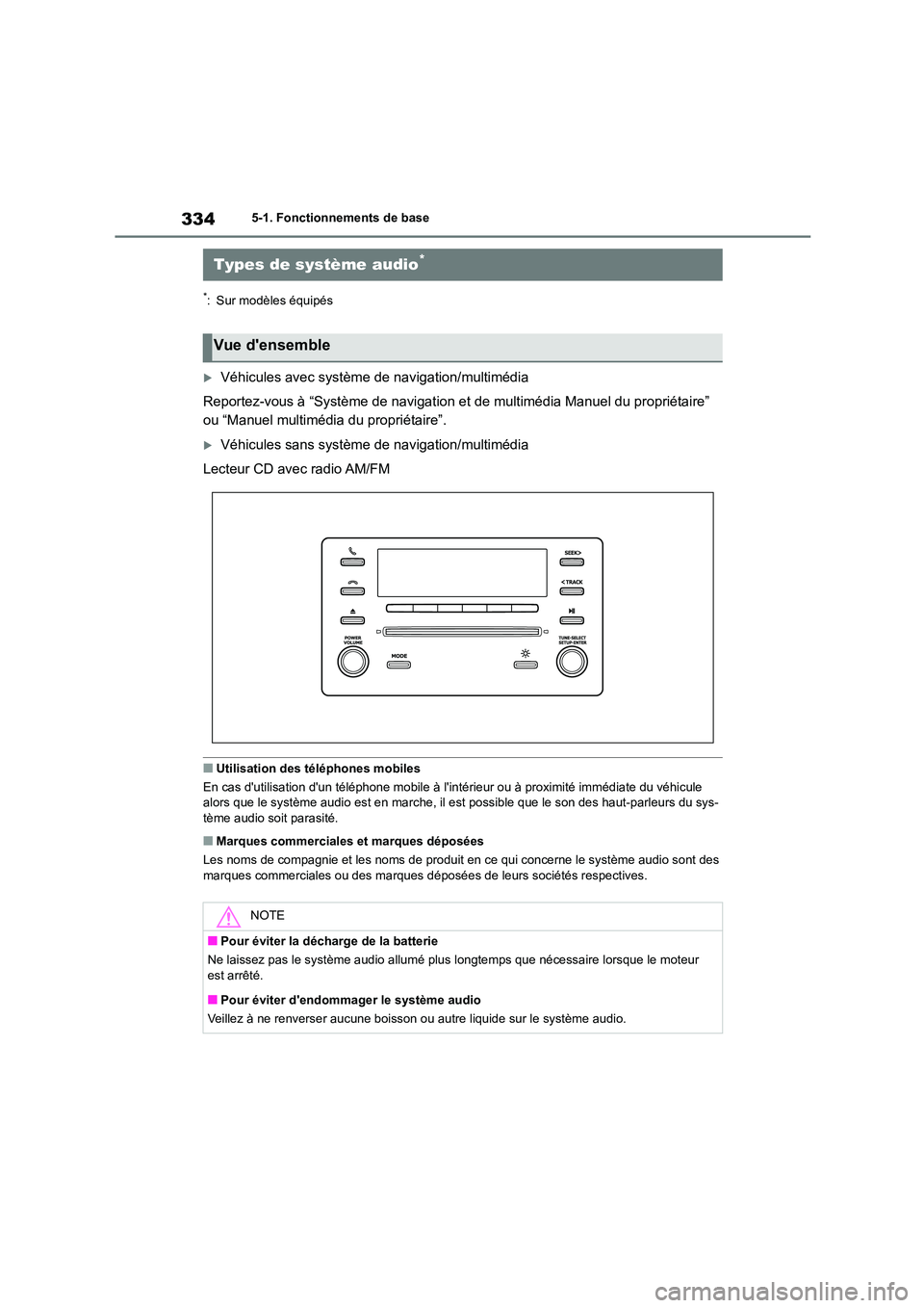 TOYOTA COROLLA 2022  Notices Demploi (in French) 3345-1. Fonctionnements de base
5-1.Fonctionnements de base
*: Sur modèles équipés
Véhicules avec système de navigation/multimédia 
Reportez-vous à “Système de navigation et de multimédi