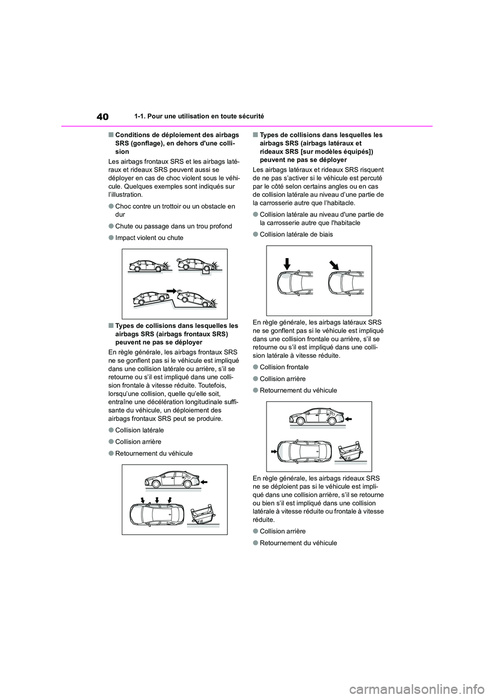 TOYOTA COROLLA 2022 Notices Demploi (in French) 401-1. Pour une utilisation en toute sécurité
■Conditions de déploiement des airbags SRS (gonflage), en dehors dune colli-
sion
Les airbags frontaux SRS et les airbags laté-
raux et rideaux TOYOTA COROLLA 2022 Notices Demploi (in French) 401-1. Pour une utilisation en toute sécurité
■Conditions de déploiement des airbags SRS (gonflage), en dehors dune colli-
sion
Les airbags frontaux SRS et les airbags laté-
raux et rideaux