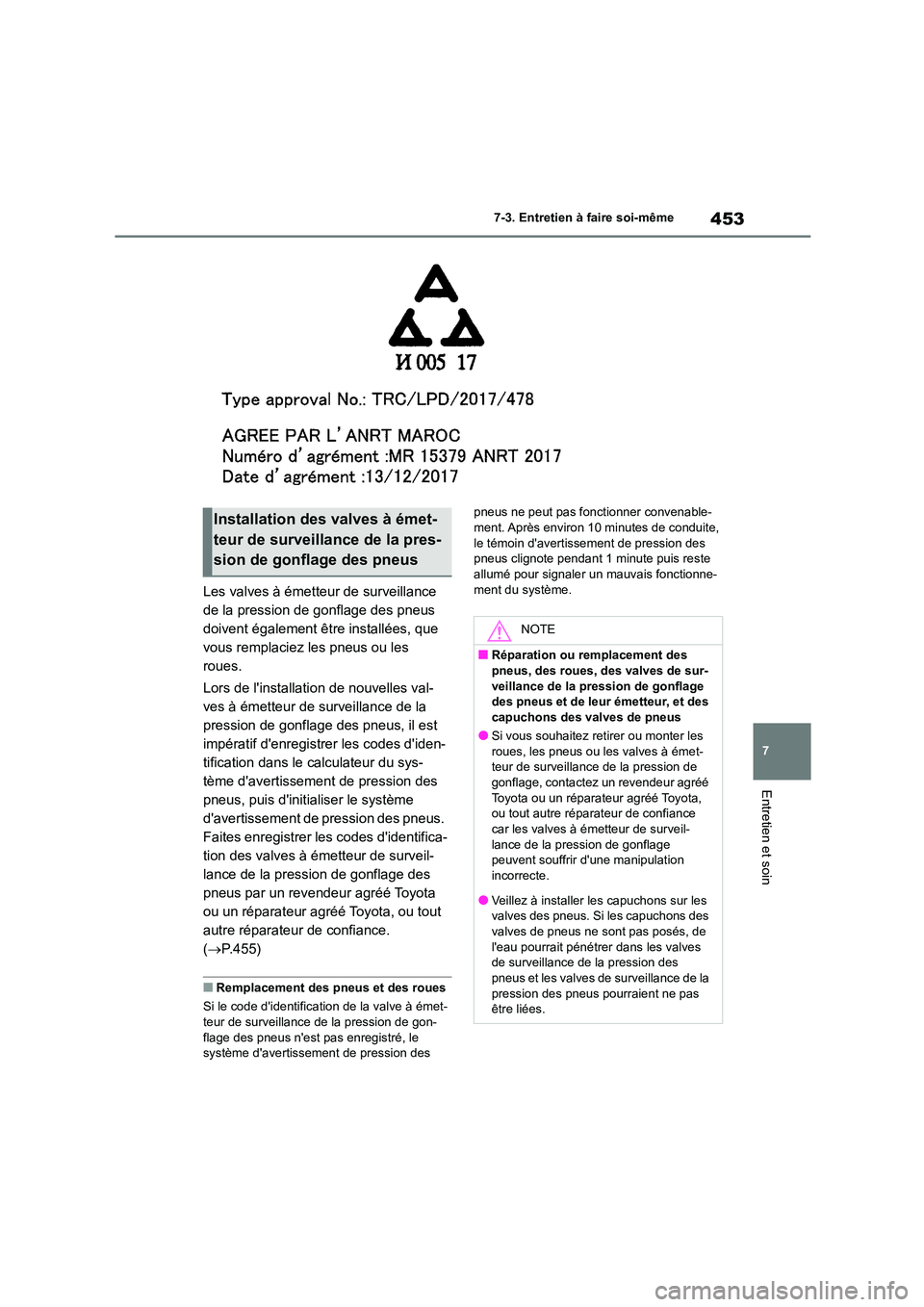 TOYOTA COROLLA 2022  Notices Demploi (in French) 453
7 
7-3. Entretien à faire soi-même
Entretien et soin
Les valves à émetteur de surveillance  
de la pression de gonflage des pneus 
doivent également être installées, que 
vous remplaciez le