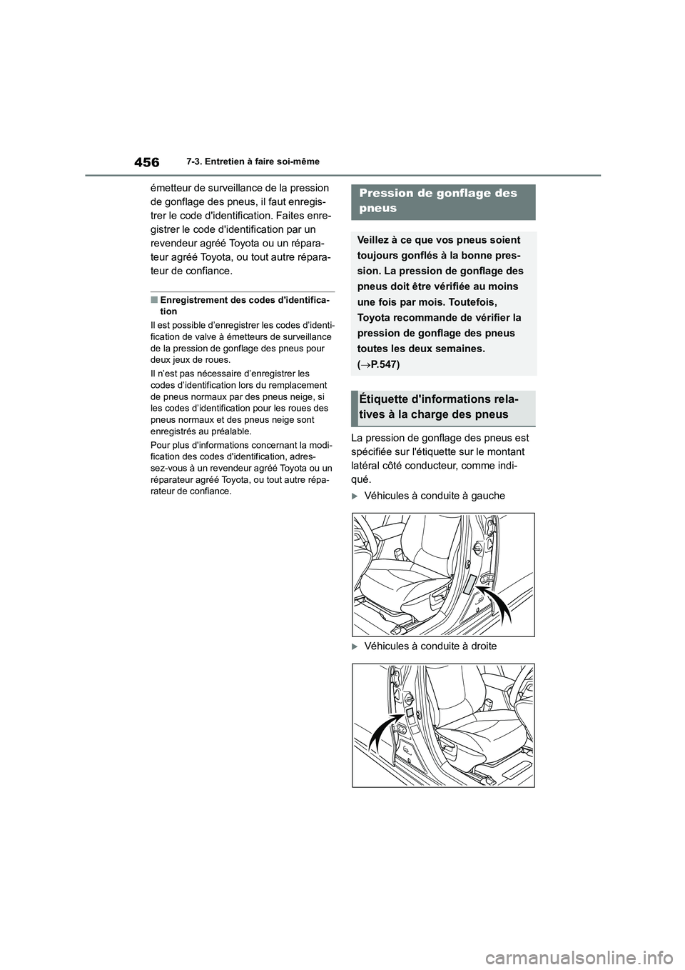 TOYOTA COROLLA 2022  Notices Demploi (in French) 4567-3. Entretien à faire soi-même
émetteur de surveillance de la pression  
de gonflage des pneus, il faut enregis-
trer le code didentification. Faites enre-
gistrer le code didentification par
