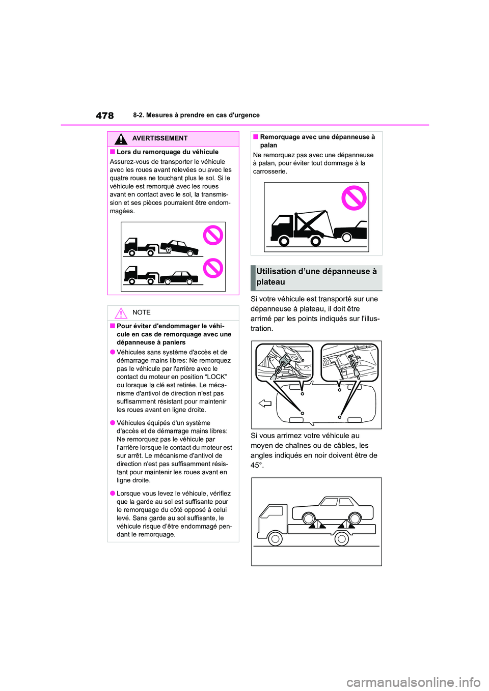 TOYOTA COROLLA 2022  Notices Demploi (in French) 4788-2. Mesures à prendre en cas durgence
Si votre véhicule est transporté sur une  
dépanneuse à plateau, il doit être 
arrimé par les points indiqués sur lillus-
tration. 
Si vous arrimez 