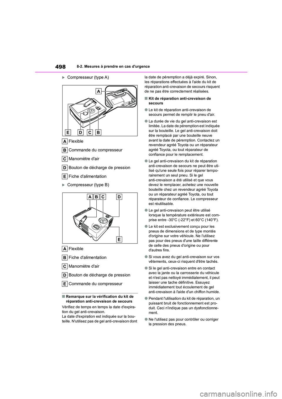 TOYOTA COROLLA 2022 Notices Demploi (in French) 4988-2. Mesures à prendre en cas durgence
Compresseur (type A)
Flexible
Commande du compresseur
Manomètre dair
Bouton de décharge de pression
Fiche dalimentation
Compresseur (type B)
TOYOTA COROLLA 2022 Notices Demploi (in French) 4988-2. Mesures à prendre en cas durgence
Compresseur (type A)
Flexible
Commande du compresseur
Manomètre dair
Bouton de décharge de pression
Fiche dalimentation
Compresseur (type B)