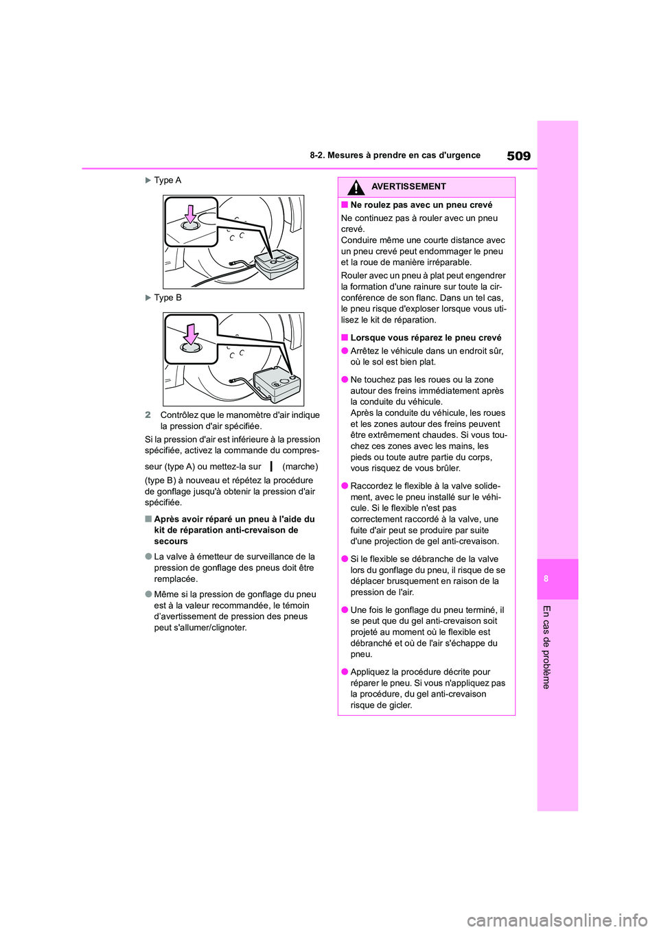 TOYOTA COROLLA 2022 Notices Demploi (in French) 509
8
8-2. Mesures à prendre en cas durgence
En cas de problème
Type A
Type B
2 Contrôlez que le manomètre dair indique la pression dair spécifiée.
Si la pression dair est inféri TOYOTA COROLLA 2022 Notices Demploi (in French) 509
8
8-2. Mesures à prendre en cas durgence
En cas de problème
Type A
Type B
2 Contrôlez que le manomètre dair indique la pression dair spécifiée.
Si la pression dair est inféri