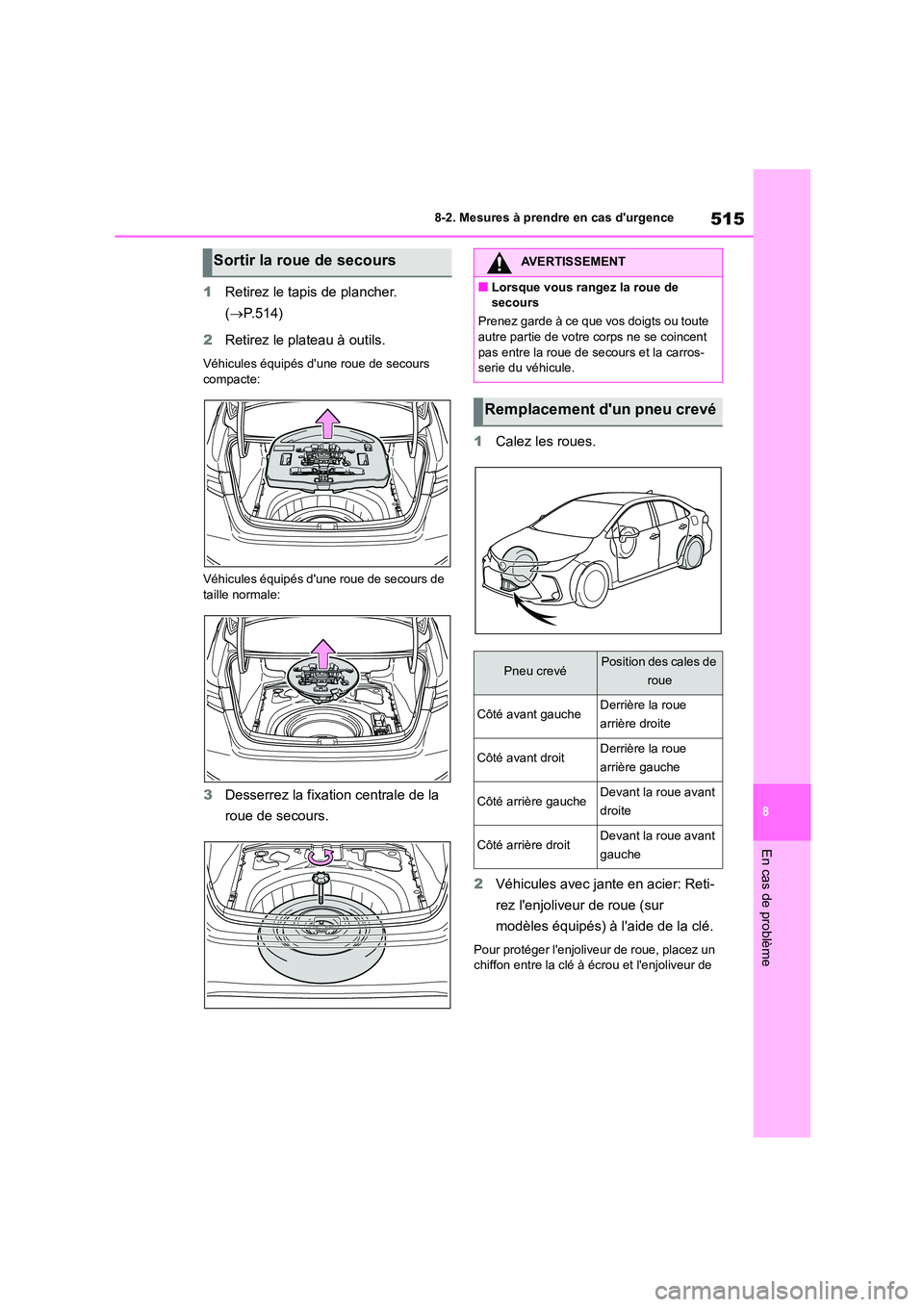 TOYOTA COROLLA 2022 Notices Demploi (in French) 515
8
8-2. Mesures à prendre en cas durgence
En cas de problème
1 Retirez le tapis de plancher.
( P.514)
2 Retirez le plateau à outils.
Véhicules équipés dune roue de secours
compacte TOYOTA COROLLA 2022 Notices Demploi (in French) 515
8
8-2. Mesures à prendre en cas durgence
En cas de problème
1 Retirez le tapis de plancher.
( P.514)
2 Retirez le plateau à outils.
Véhicules équipés dune roue de secours
compacte