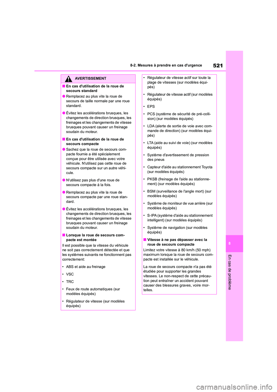 TOYOTA COROLLA 2022  Notices Demploi (in French) 521
8 
8-2. Mesures à prendre en cas durgence
En cas de problème
AVERTISSEMENT
■En cas dutilisation de la roue de  
secours standard
●Remplacez au plus vite la roue de 
secours de taille norma