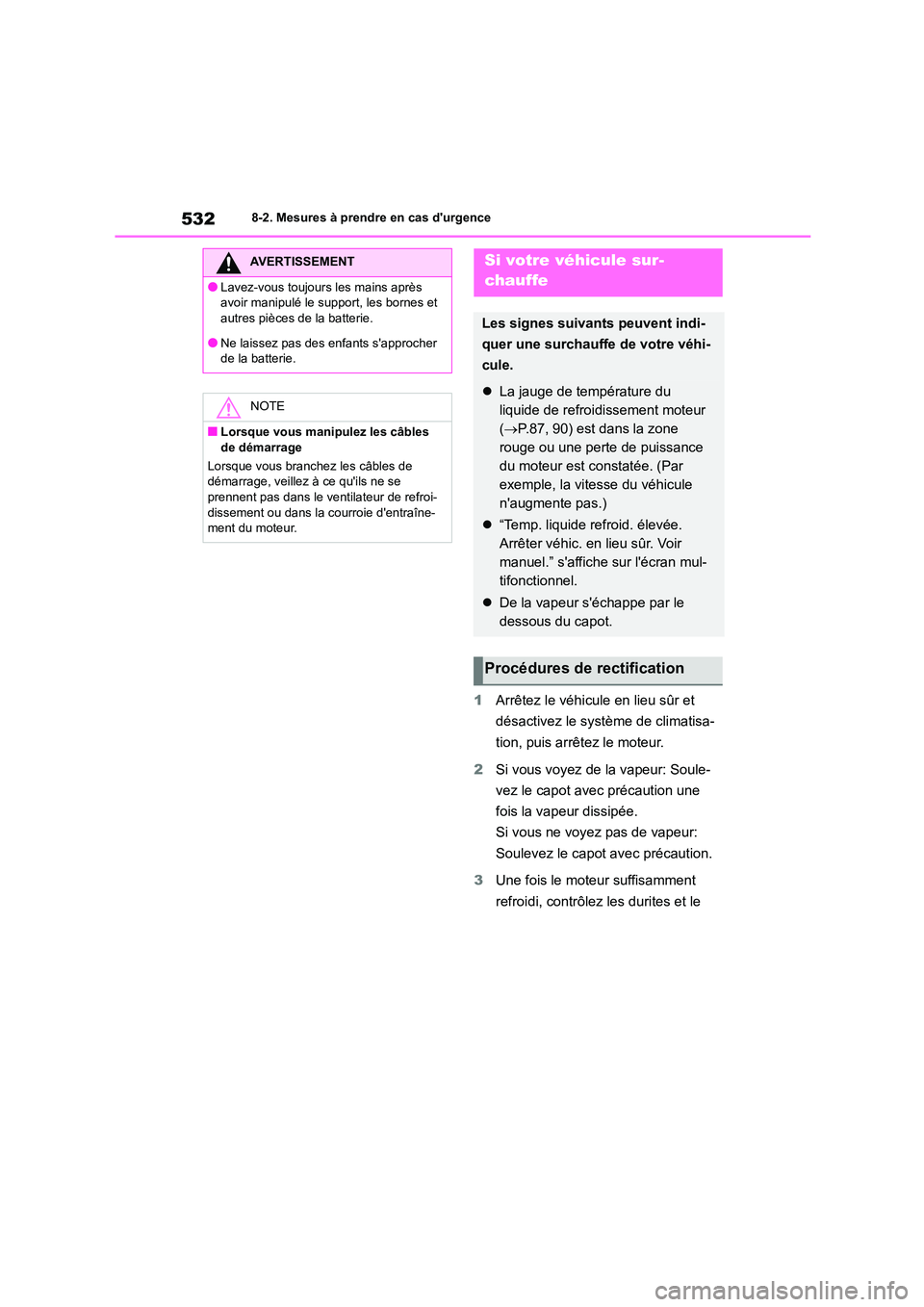 TOYOTA COROLLA 2022 Notices Demploi (in French) 5328-2. Mesures à prendre en cas durgence
1Arrêtez le véhicule en lieu sûr et
désactivez le système de climatisa-
tion, puis arrêtez le moteur.
2 Si vous voyez de la vapeur: Soule-
vez le TOYOTA COROLLA 2022 Notices Demploi (in French) 5328-2. Mesures à prendre en cas durgence
1Arrêtez le véhicule en lieu sûr et
désactivez le système de climatisa-
tion, puis arrêtez le moteur.
2 Si vous voyez de la vapeur: Soule-
vez le