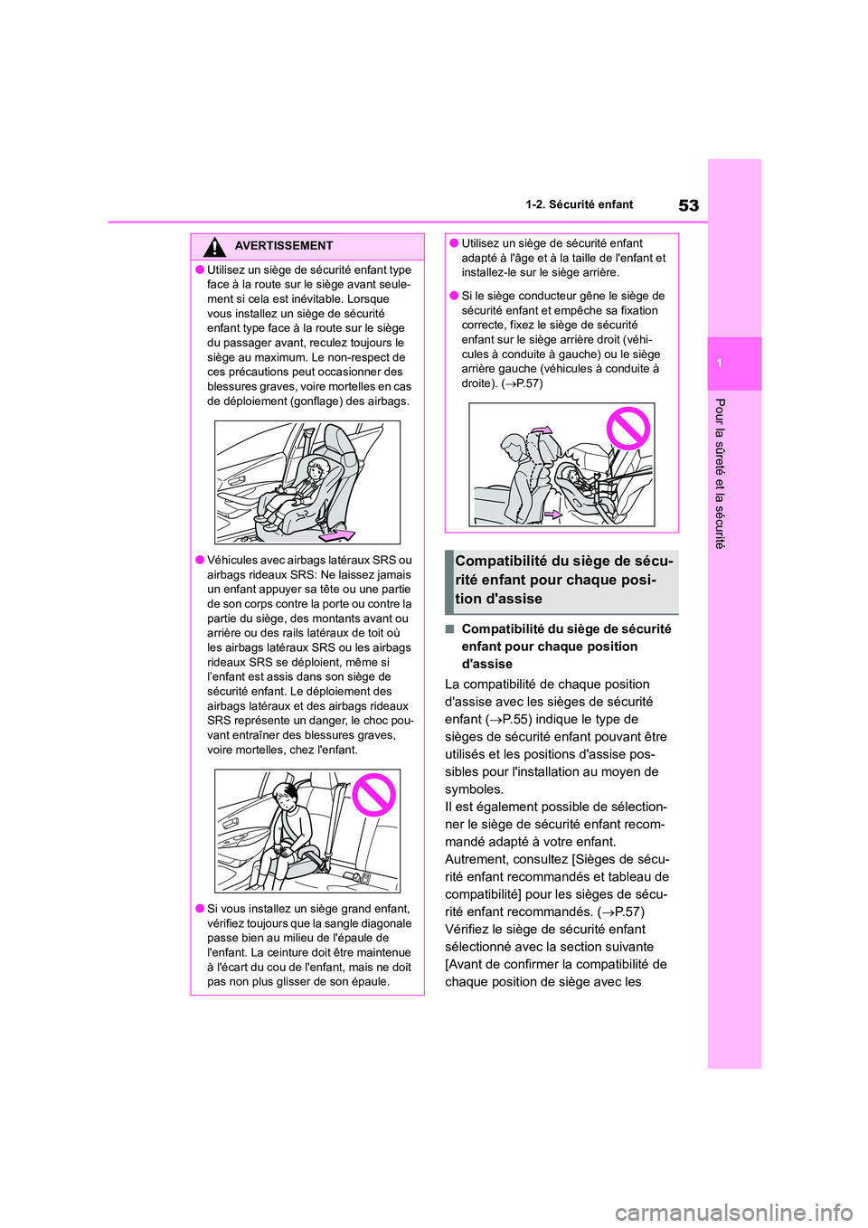 TOYOTA COROLLA 2022  Notices Demploi (in French) 53
1 
1-2. Sécurité enfant
Pour la sûreté et la sécurité
■Compatibilité du siège de sécurité  
enfant pour chaque position 
dassise 
La compatibilité de chaque position  
dassise avec l