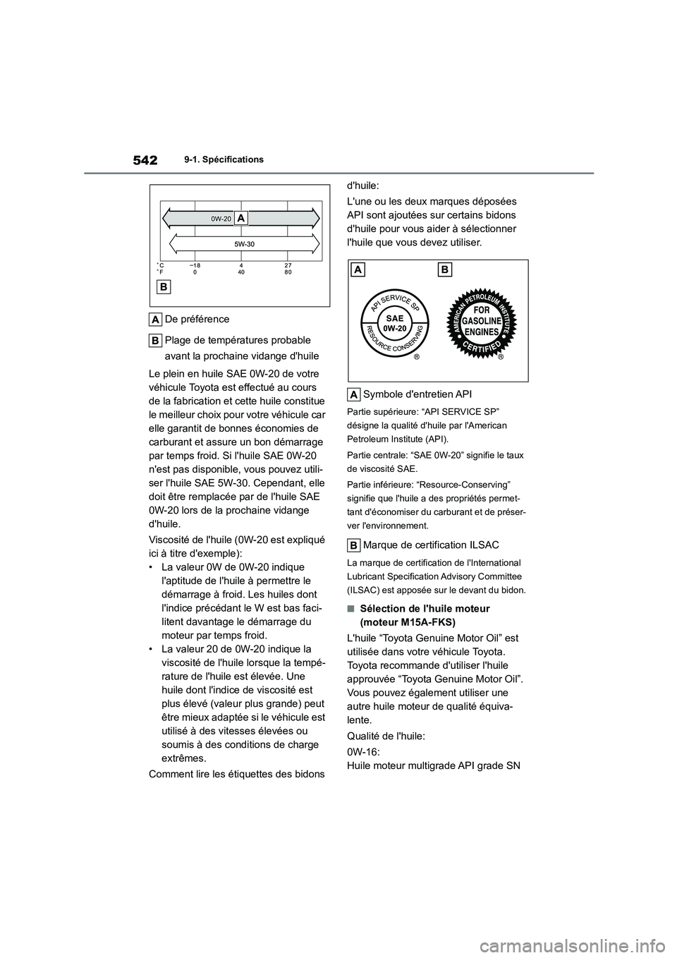 TOYOTA COROLLA 2022 Notices Demploi (in French) 5429-1. Spécifications
De préférence
Plage de températures probable
avant la prochaine vidange dhuile
Le plein en huile SAE 0W-20 de votre
véhicule Toyota est effectué au cours
de la fab TOYOTA COROLLA 2022 Notices Demploi (in French) 5429-1. Spécifications
De préférence
Plage de températures probable
avant la prochaine vidange dhuile
Le plein en huile SAE 0W-20 de votre
véhicule Toyota est effectué au cours
de la fab